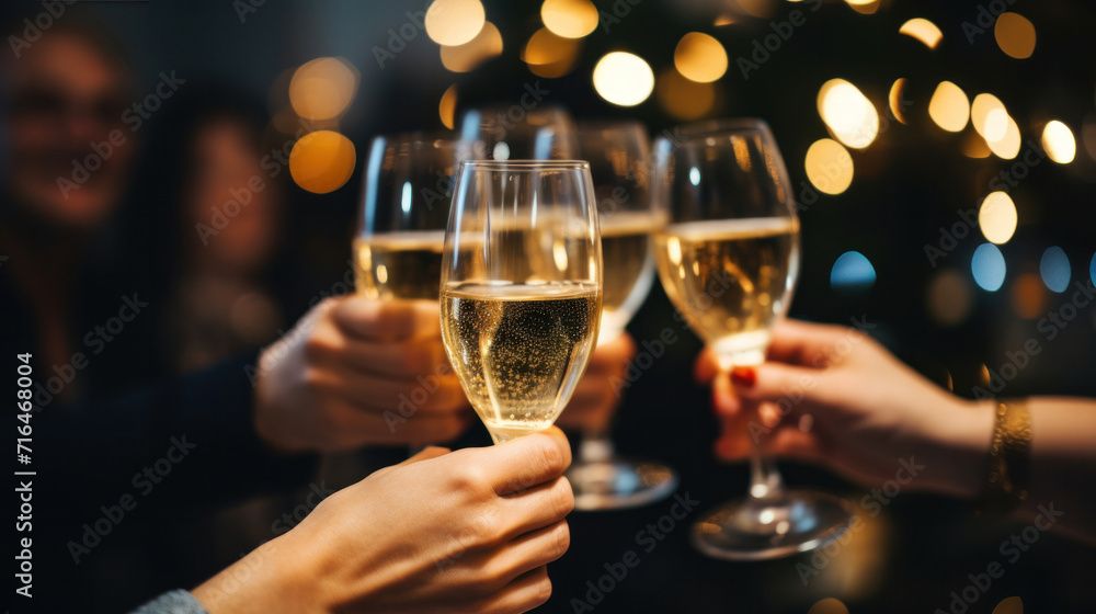 Close up hand of people toasting with christmas or new year champagne glasses.