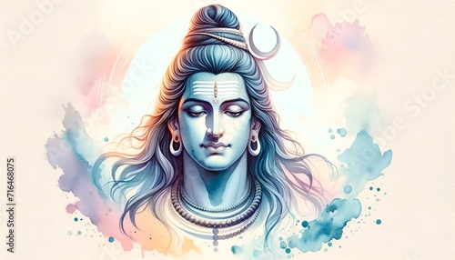 Portrait of a lord shiva in watercolor style.