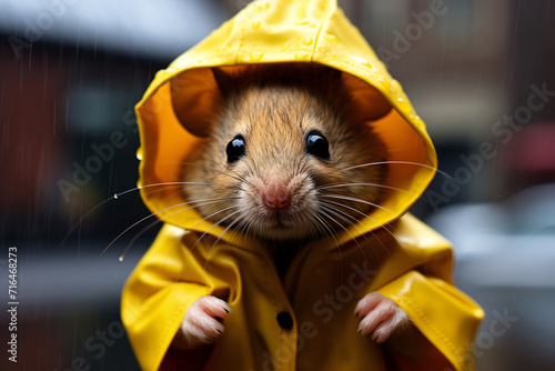 Close up of funny mouse with yellow raincoat in street during rain photo
