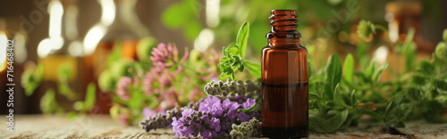 Small bottle of essential oil remedy. Website header with natural herbalist medicine product for treatment. Bach flowers for spa; healing center. Wellness and healthy life style concept. Aromatherapy  #716468402