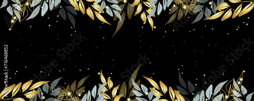 Vector art deco luxury flower, leaves line pattern, golden background. Golden botany banner. Japanese style Hand drawn vector. Line art style design. Hand drawn florals for packaging,coveand wall arts