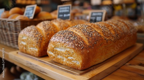 Bakery banner: Fresh bread, golden crust, store shelves, sunlight--inviting warmth and freshness.