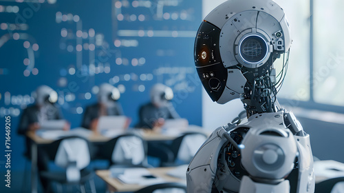An AI-powered robot teacher conducting an interactive online class.