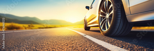 Close up tire and wheel of a car on the road in background. The driving concept of travel and vacation. © Wararat