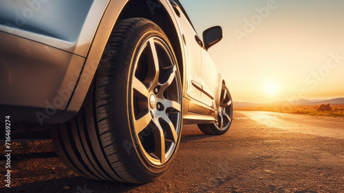 Close up tire and wheel of a car on the road in background. The driving concept of travel and vacation. © Wararat