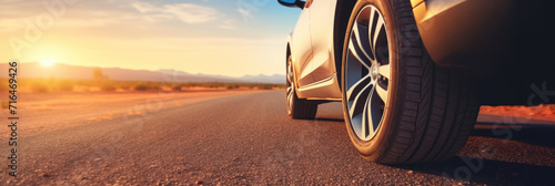Close up tire and wheel of a car on the road in background. The driving concept of travel and vacation. photo