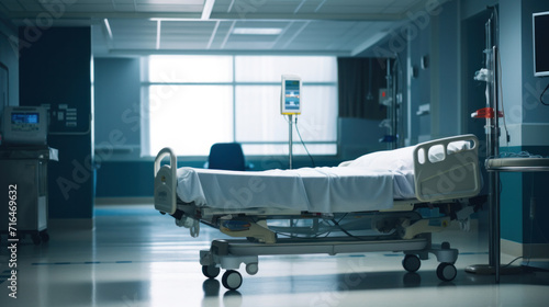 Empty hospital bed in the corridor of a modern hospital.