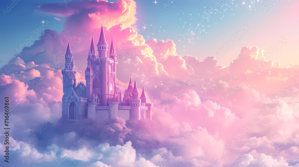 Castle in the  clouds and dreams. Pink Castle in the clouds. Fantasy world. Fairytale landscape. magical and mystical medieval kingdom In clouds in pastel tones. - obrazy, fototapety, plakaty 