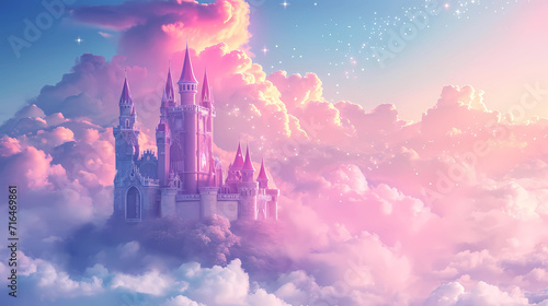 Castle in the  clouds and dreams. Pink Castle in the clouds. Fantasy world. Fairytale landscape. magical and mystical medieval kingdom In clouds in pastel tones. photo