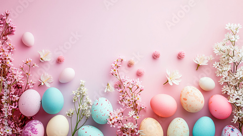 colorful Easter border with coloured eggs and spring flowers. Flat lay composition of painted Easter eggs on color background, space for text.