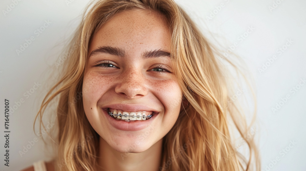 portrait of smiling young woman with braces on teeth. Bite correction, orthodontist, health, medicine, dentistry portrait of smiling young woman with braces on teeth. Bite correction, orthodontist, health, medicine, dentistry