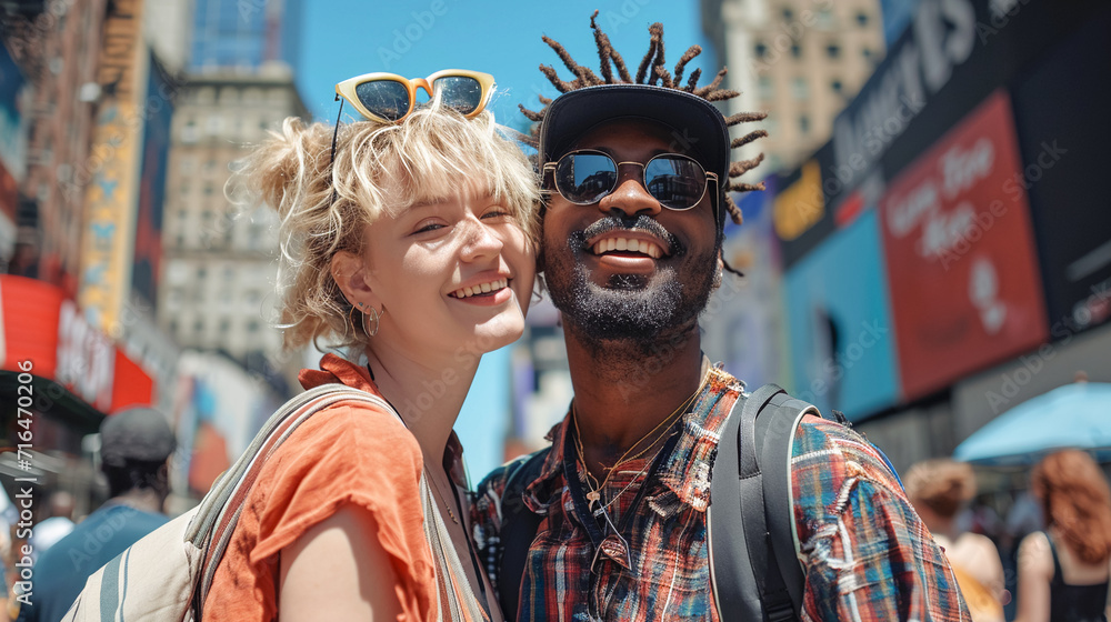 Multiethnic two friends tourists woman and black man smiling on the street, 