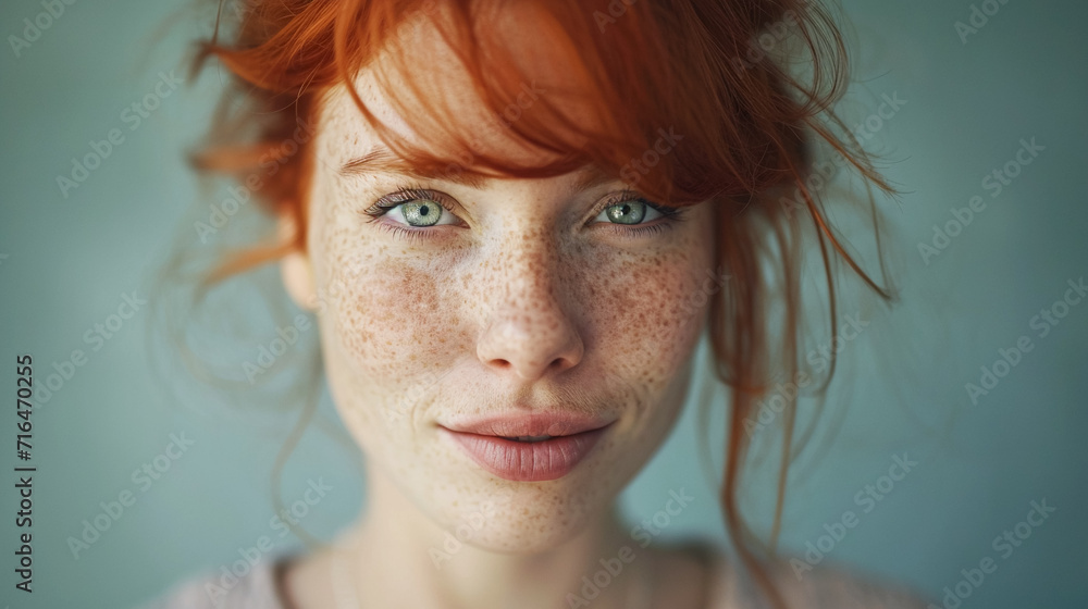 Red hair colour woman with freckles. Portrait of a young and beautiful woman with red ginger hair and natural freckles. Red hair colour woman with freckles. Portrait of a young and beautiful woman with red ginger hair and natural freckles.