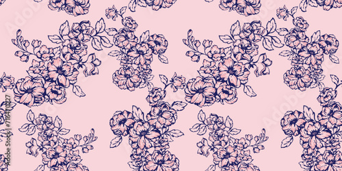 Seamless artistic stylized lines branches floral pattern of branches. Blooming field in many types of flowers on a pink background. Vector drawn hand. Template for textile, fashion, print, fabric