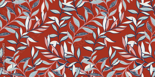 Abstract, stylized branches leaves intertwined in a seamless pattern. Vector hand drawn Bright creative leaf stems on a brown background. Chic autumn foliage botanical printing. Template for design