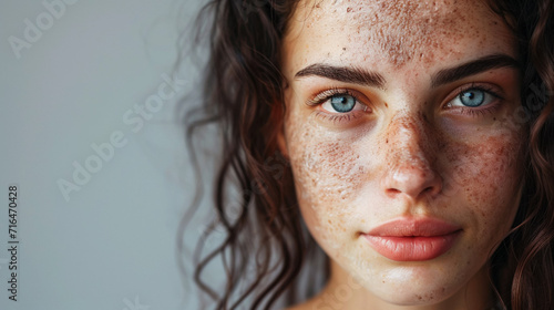 Young woman with skin problem atopic dermatitis, pigmentation, eczema on the face. photo