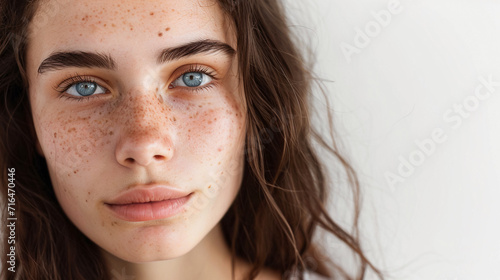 Young woman with skin problem atopic dermatitis, pigmentation, eczema on the face. photo