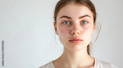 young woman with skin problem acne and eczema on the face. photo