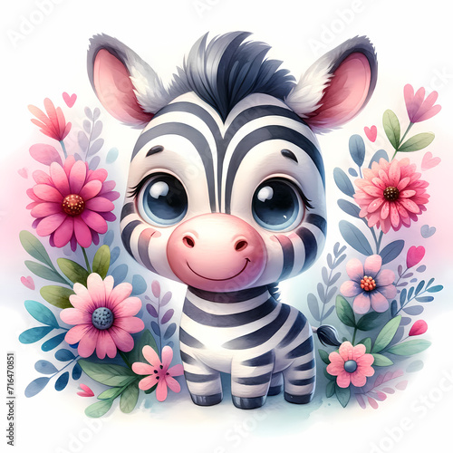 Cute zebra  pink daisy flowers  children s digital cartoon illustration