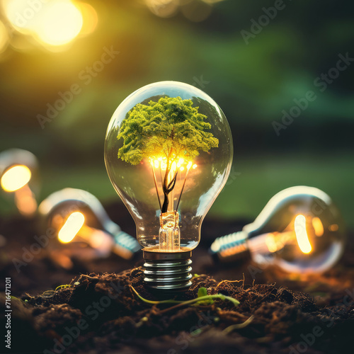 Light bulb with tree inside on the ground in nature. Sustainable energy in use. Saving energy. Ideas for a better future for the environment. Green planet. photo