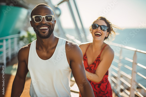 A couple happily enjoys their trip on a cruise photo