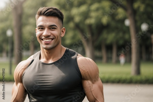 Portrait of a muscular man happily walking in the park.