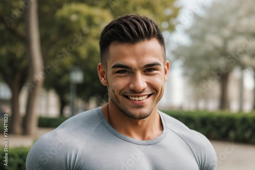 Portrait of a muscular man happily walking in the park.