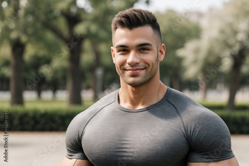 Portrait of a muscular man happily walking in the park.