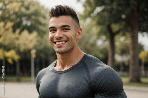Portrait of a muscular man happily walking in the park.