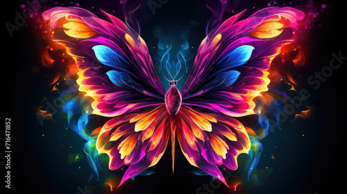 Abstract butterfly with beautiful decortive neon color wings on dark background