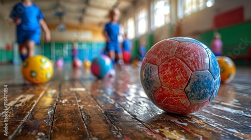 Exciting soccer class: Children practice Futsal Training, kicking soccer balls skillfully on the wooden futsal floor in the school sports hall. photo