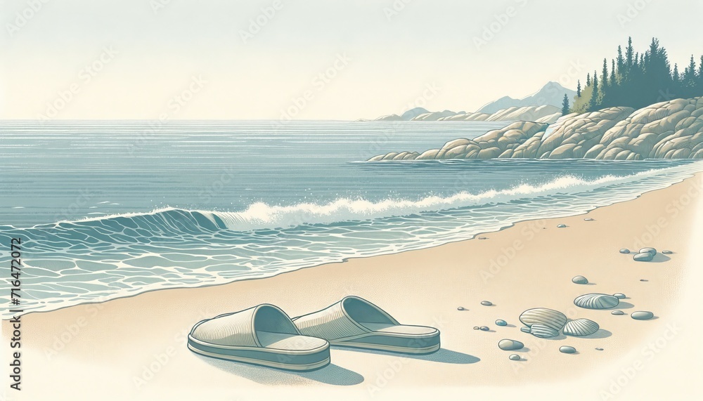 Illustration on the theme of slippers on the seashore Illustration on the theme of slippers on the seashore