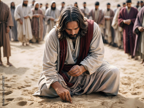 Jesus writes on the ground with his finger. Biblical scene concept, religious theme. photo