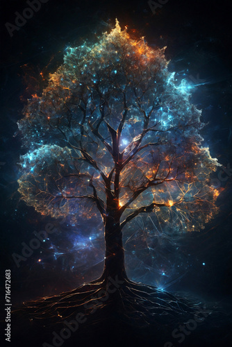 Tree in abstract space with lights and smoke. 3D illustration. Created using generative AI tools