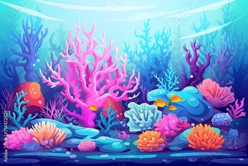 Illustration of landscape of coral reef colony in the sea. Underwater scene background with corals, sea anemone, actiniaria tropical fishes. Concept of climate change and ocean acidification on marine