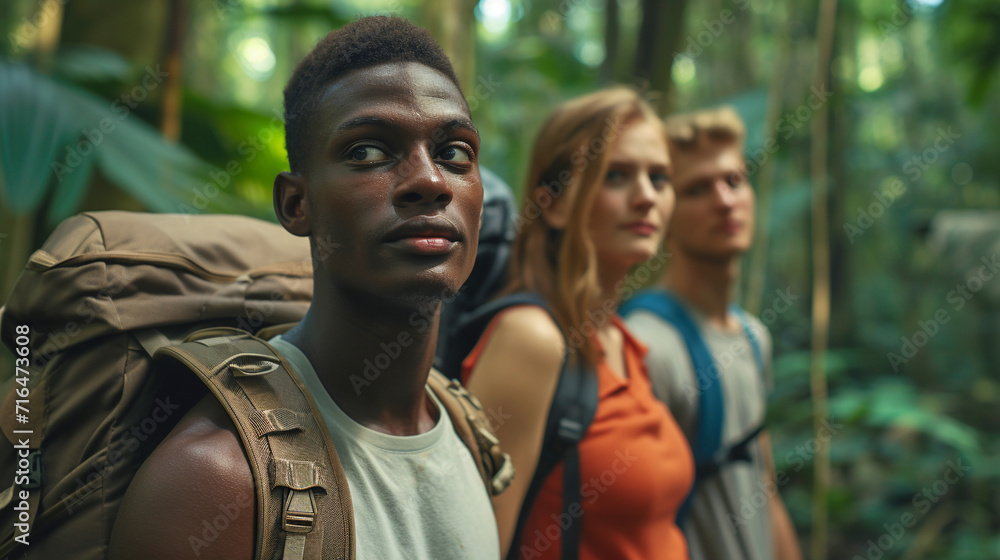 Group of tourists in jungle. Group of tourists in jungle.