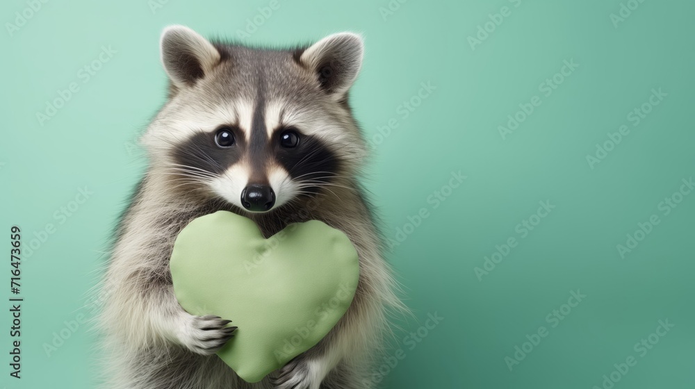 Raccoon Holding Green Heart on Green Background Raccoon Holding Green Heart on Green Background