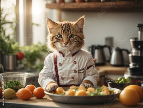 Cute cat chef cooking food. AI Generated. photo