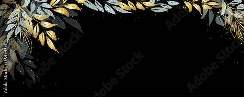 Vector art deco luxury flower, leaves line pattern, golden background. Golden botany banner. Japanese style Hand drawn vector. Line art style design. Hand drawn florals for packaging,coveand wall arts