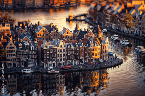 Golden Canal Glow: Amstel's Waters Blush with Fire, Boats Sway in a Symphony of Sunset. Brushstrokes of Brick and Burnished Sky: Amsterdam Dreams in Amber, Houses Gaze in Silhouettes Across the Flow.