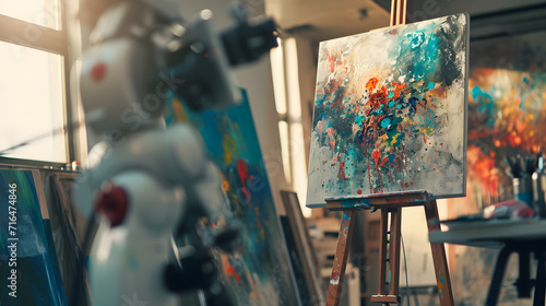 An experimental robotic artist creating a masterpiece blending AI with creative expression. photo