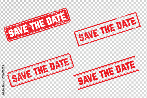 Set of Save the date stamp. Red grunge rubber stamp with text Save the date on transparent background. Eps 10 vector illustration.