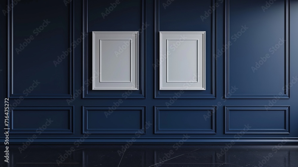 Interior with Mockup Frame on Blue Wall and Black Floor - Modern Design Interior with Mockup Frame on Blue Wall and Black Floor - Modern Design