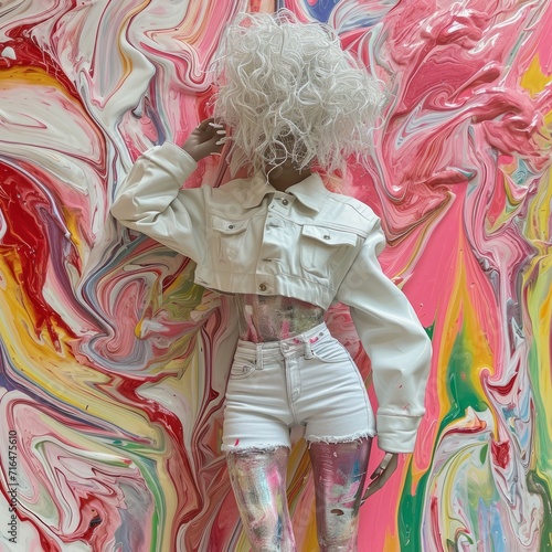 Girl in a white coat on a background of a colored wall.
