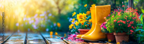 Yellow boots with flowers in garden, spring time gardening concept. 