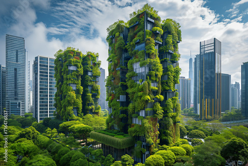 Buildings covered with green plants and vertical gardens in smart city. Eco-friendly sustainable architecture, ecological construction, habitat preservation, reducing carbon emission footprint concept photo