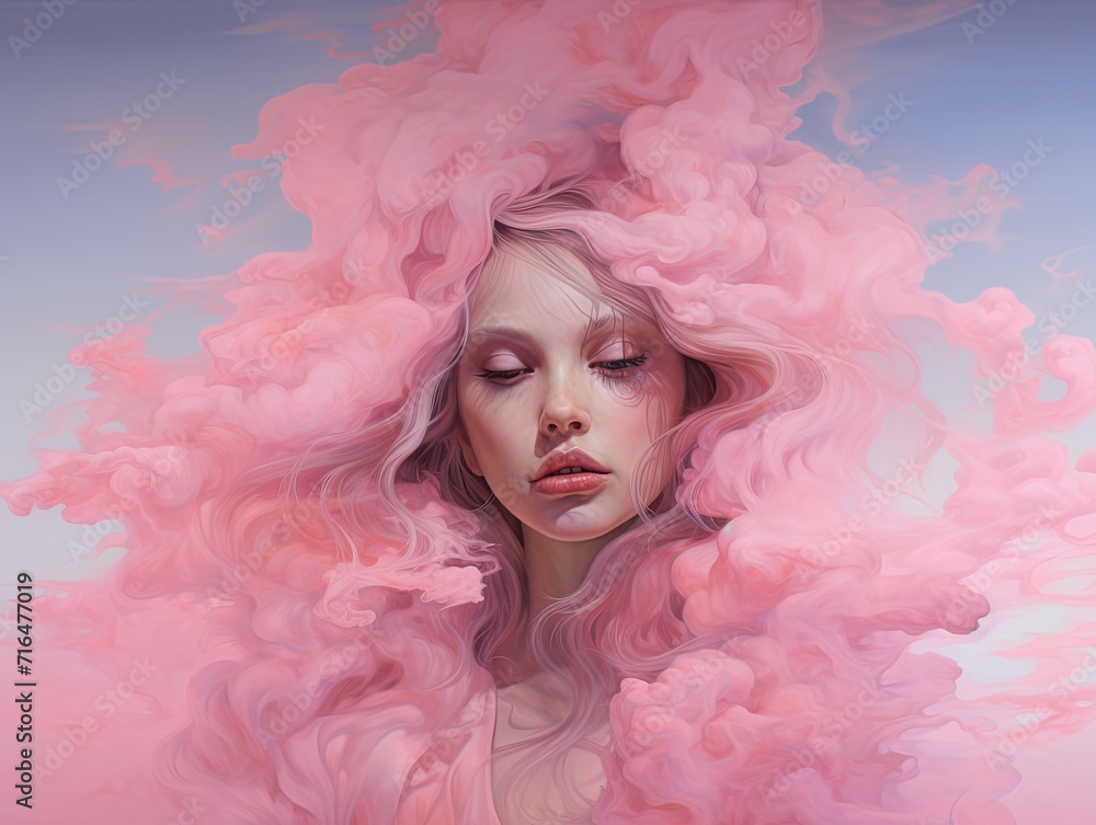 A stylized portrait of a girl with closed eyes and pink hair-clouds. An illustration in an airy, light style in pastel colors