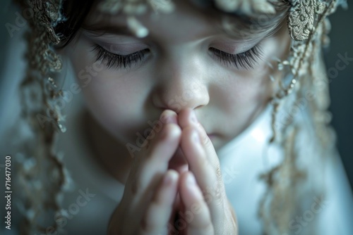 First communion joy: heartwarming moments of young believers in white dresses, celebrating this sacred Christian sacrament with faith, purity, spirit of spiritual growth in memorable church ceremony. photo