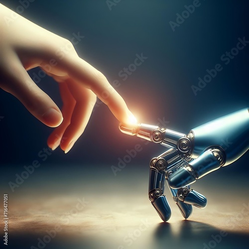 A Symbolic Encounter as Human and Robot Fingers Unite, Illustrating the Harmonious Coexistence of Humanity and AI Technology. photo