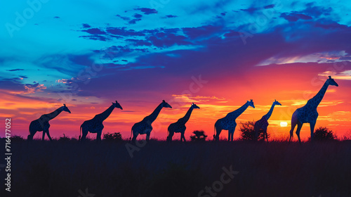 Silhouette of herd wild tall giraffes